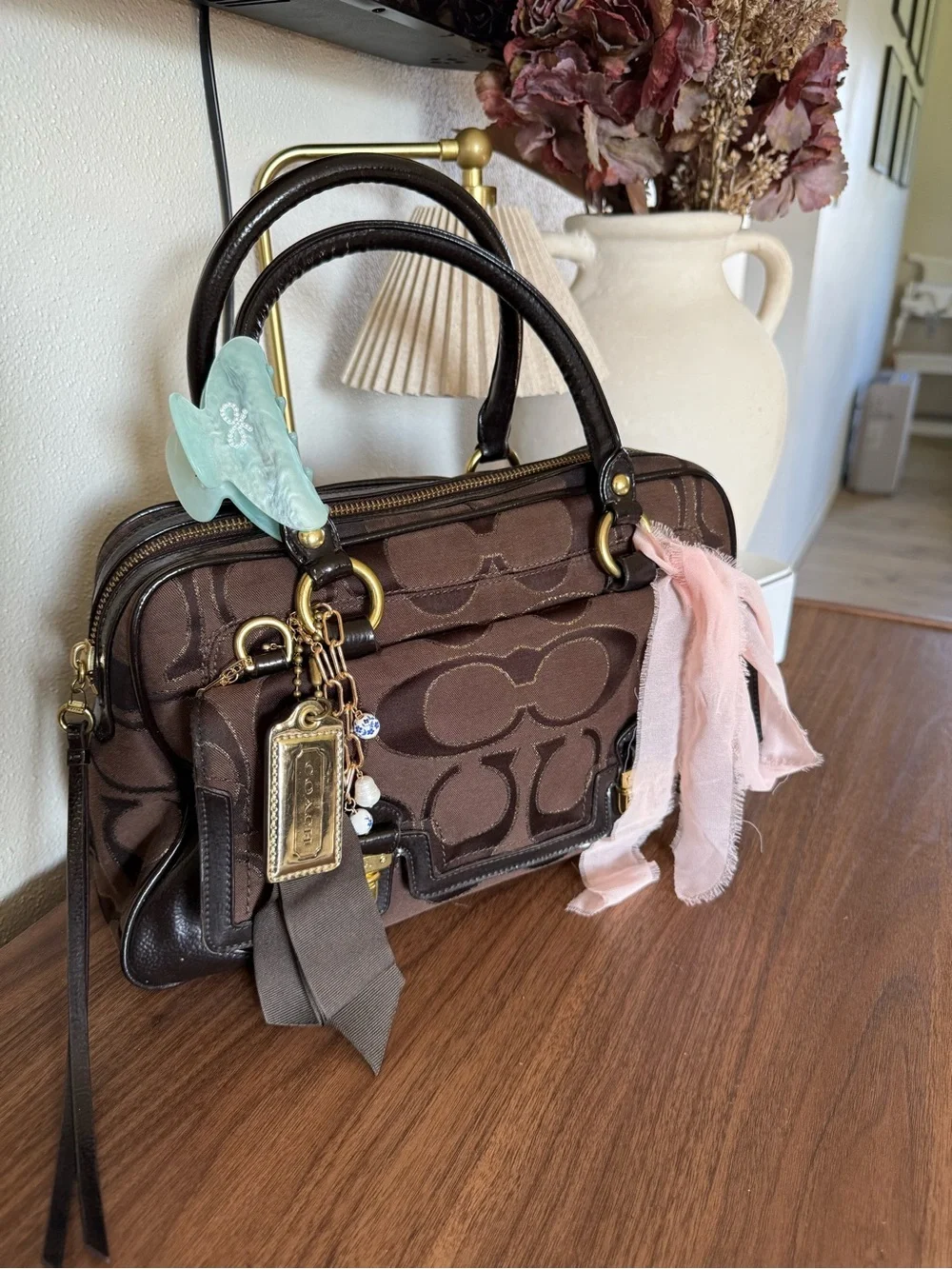 Coach Brown Signature Pattern Satchel with Gold Hardware